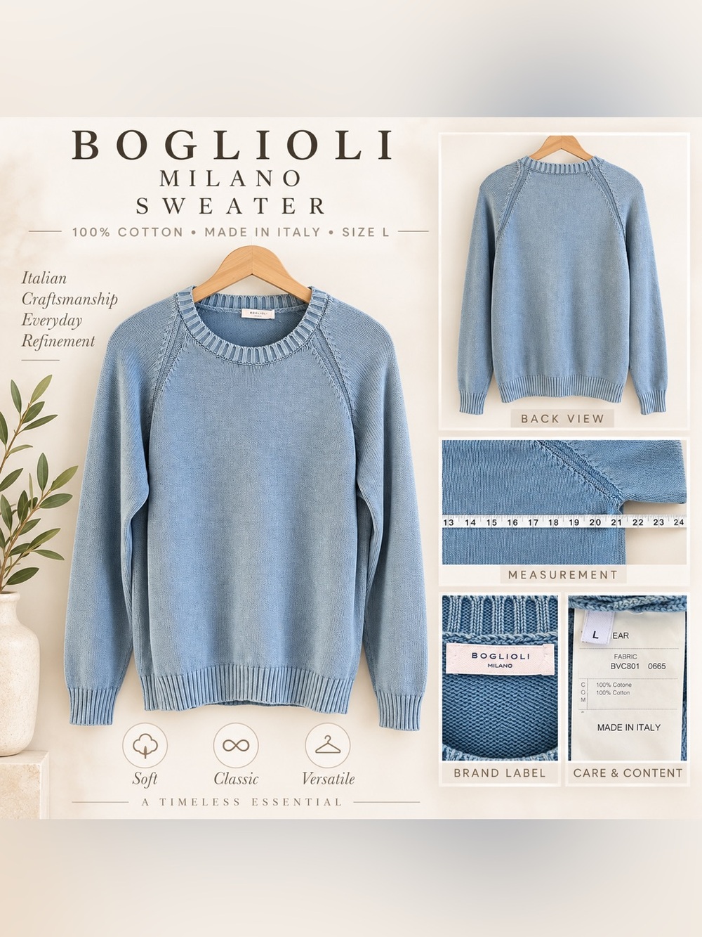 Boglioli Light Blue Cotton Crewneck Sweater Large